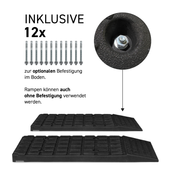 2x Auffahrrampen für Hebebühnen PKW + 12 Spreizanker M8 – 1030x500x70 mm